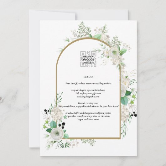 Summer White Roses Emerald Sage Greenery WEDDING Kaart (Achterkant)