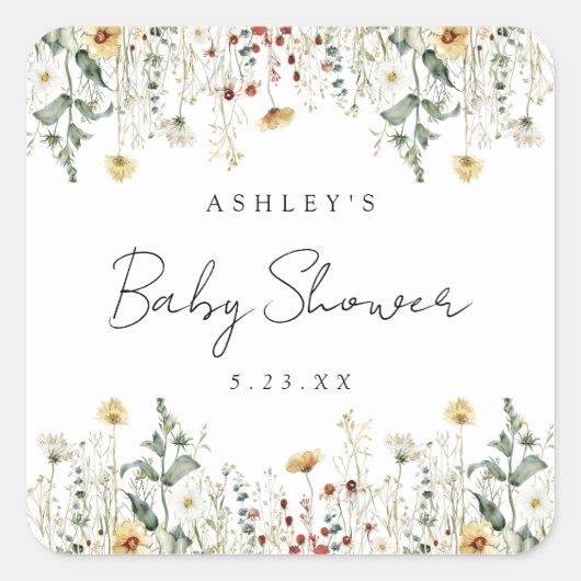 Summer Wildflower Field Baby shower Vierkante Sticker (Voorkant)