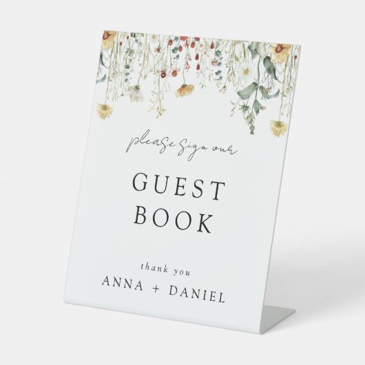 Summer Wildflower Field Bruiloft Gastenboek Reclamebord Met Voetstuk (Voorkant)