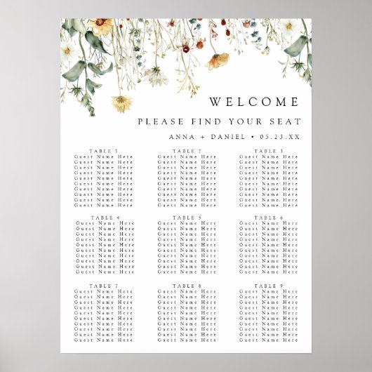 Summer Wildflower Field Wedding Seating Chart Poster (Voorkant)
