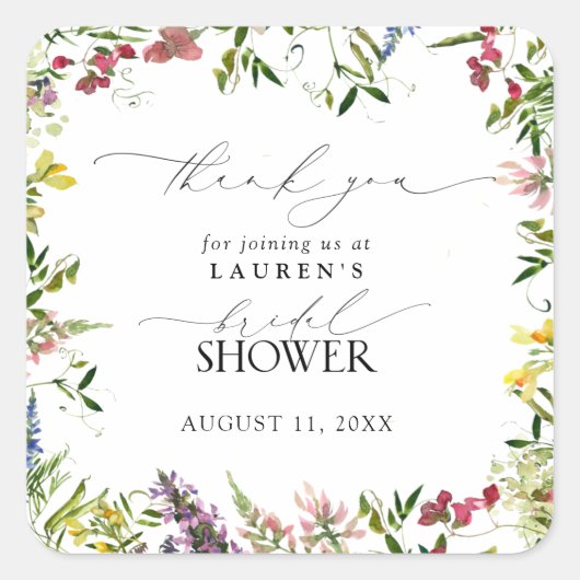 Summer Wildflower Waterverf Shower Dank u Vierkante Sticker (Voorkant)