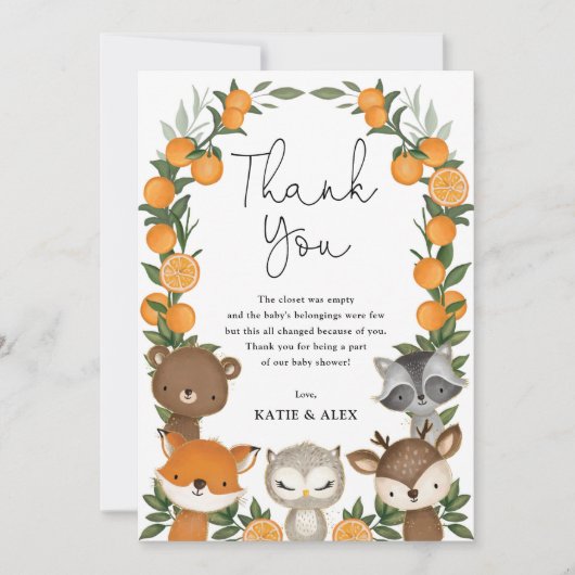Summer Woodland Animals Oranje Citrus Baby shower Bedankkaart (Voorkant)