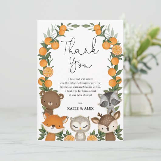 Summer Woodland Animals Oranje Citrus Baby shower Bedankkaart (Staand voorkant)
