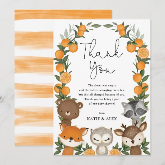 Summer Woodland Animals Oranje Citrus Baby shower Bedankkaart (Voorkant / Achterkant)