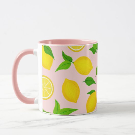 Summer Yellow Lemons Green Leaves op Soft Pink Mok (Links)