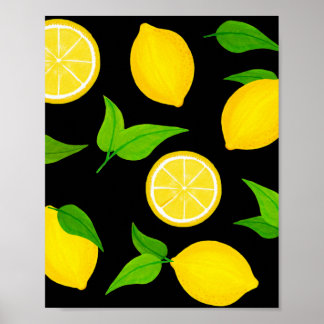 Summer Yellow Lemons met groene bladeren op zwart Poster