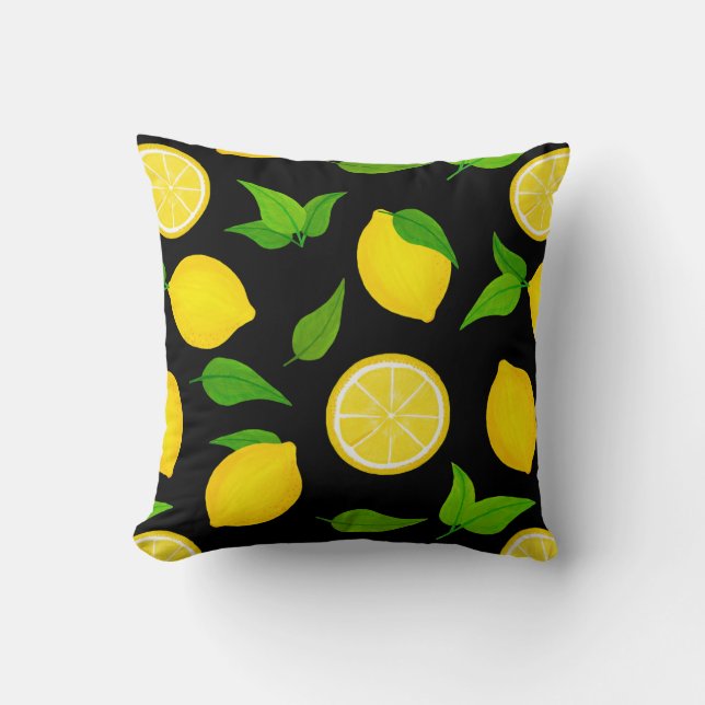 Summer Yellow Lemons Pattern on Black Kussen (Voorkant)