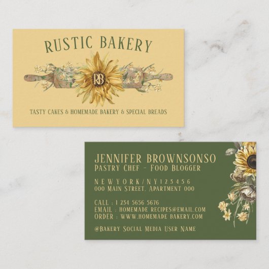 Summer Yellow Wood Rolling Pin Sunflower Bakery Visitekaartje (Voorkant / Achterkant)