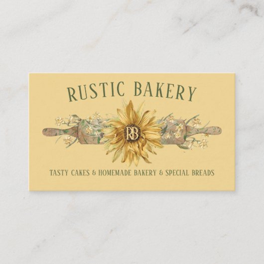 Summer Yellow Wood Rolling Pin Sunflower Bakery Visitekaartje (Voorkant)