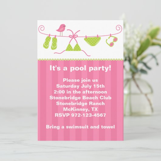 Summertime Roze en Groene Uitnodiging van de Zwemm (Staand voorkant)