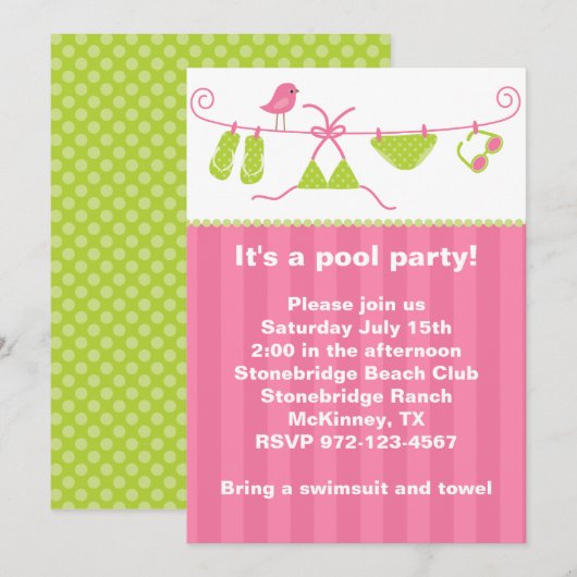 Summertime Roze en Groene Uitnodiging van de Zwemm (Voorkant / Achterkant)
