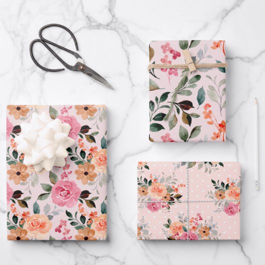 Summertime Rozen Floral - Alle Occasieset van 3 Inpakpapier Vel (Voorkant)
