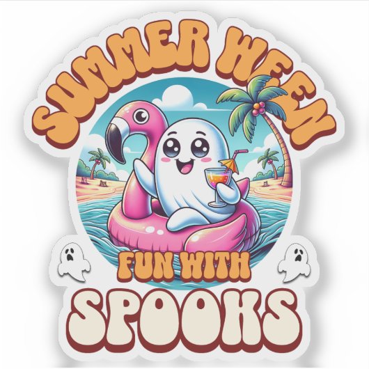 Summerween Cute Ghost Flamingo Float Beach Cartoon Sticker (Voorkant)