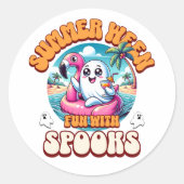 Summerween Cute Ghost Flamingo Float Beach Party Ronde Sticker (Voorkant)