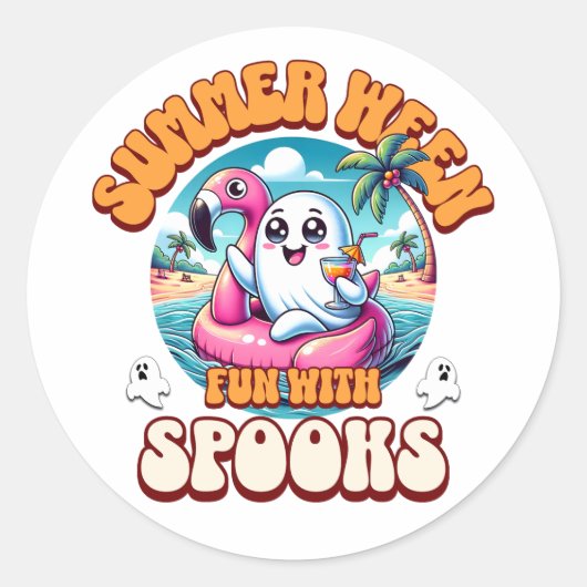 Summerween Cute Ghost Flamingo Float Beach Party Ronde Sticker (Voorkant)
