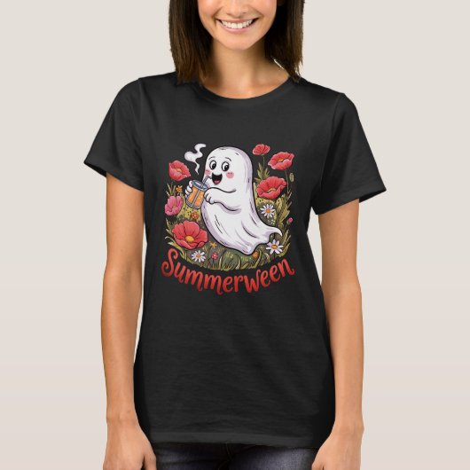 Summerween Cute Ghost Poppy Flower Field Summer T-shirt (Voorkant)