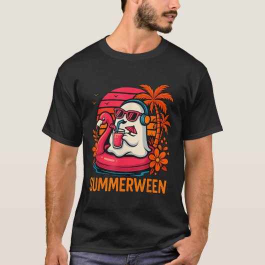 Summerween Funny Ghost Halloween Summer Flamingo B T-shirt (Voorkant)