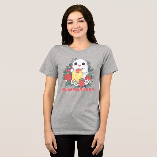Summerween Ghost with Strawberries  Tri-Blend Shirt (Voorkant volledig)