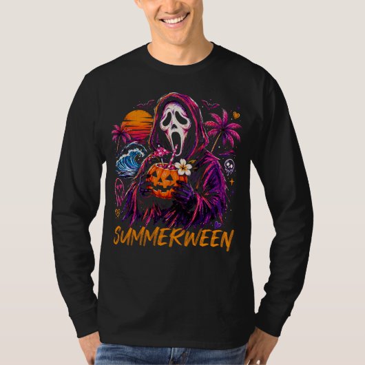 Summerween Ghostface Pompoen Strand T-shirt (Voorkant)