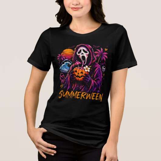 Summerween Ghostface Pompoen Strand Tri-Blend Shirt (Voorkant)