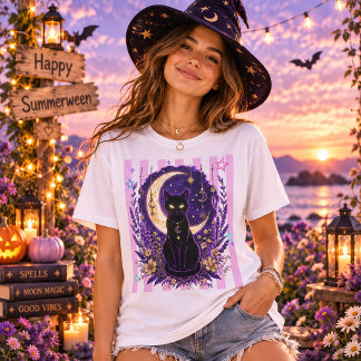 Summerween Hemelzwarte Kat Maan Bloem Magie T-shirt
