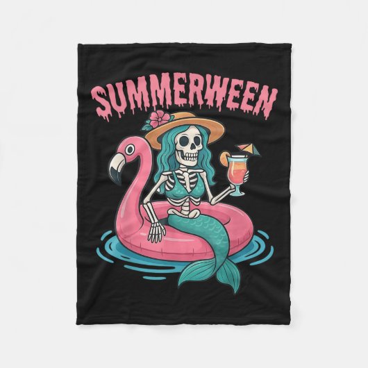 Summerween Mermaid Skeleton Beach Flamingo Hallowe Fleece Deken (Voorkant)