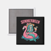 Summerween Mermaid Skeleton Beach Flamingo Hallowe Magneet (Voorkant / Achterkant)