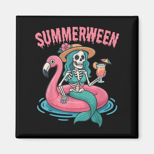 Summerween Mermaid Skeleton Beach Flamingo Hallowe Magneet (Voorkant)