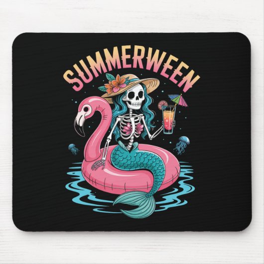 Summerween Mermaid Skeleton Beach Flamingo Hallowe Muismat (Voorkant)