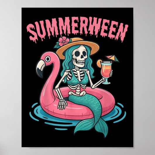 Summerween Mermaid Skeleton Beach Flamingo Hallowe Poster (Voorkant)