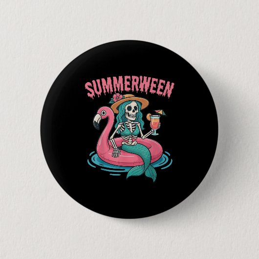Summerween Mermaid Skeleton Beach Flamingo Hallowe Ronde Button 5,7 Cm (Voorkant)