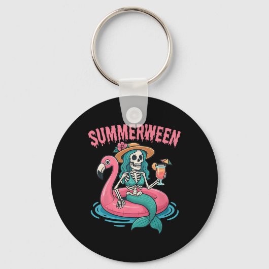 Summerween Mermaid Skeleton Beach Flamingo Hallowe Sleutelhanger (Voorkant)