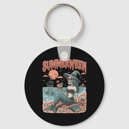 Summerween Mermaid Skeleton Beach Flamingo Hallowe Sleutelhanger (Voorkant)