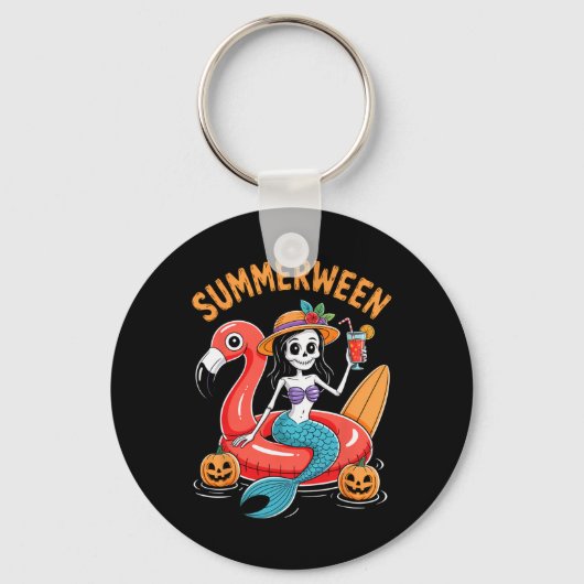 Summerween Mermaid Skeleton Beach Flamingo Hallowe Sleutelhanger (Voorkant)