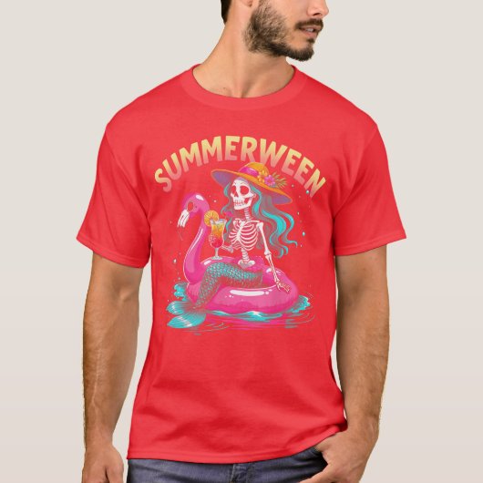 Summerween Mermaid Skeleton Beach Flamingo Hallowe T-shirt (Voorkant)