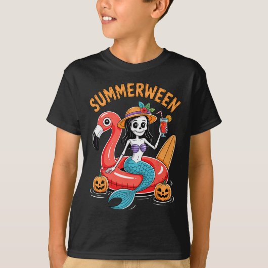 Summerween Mermaid Skeleton Beach Flamingo Hallowe T-shirt (Voorkant)