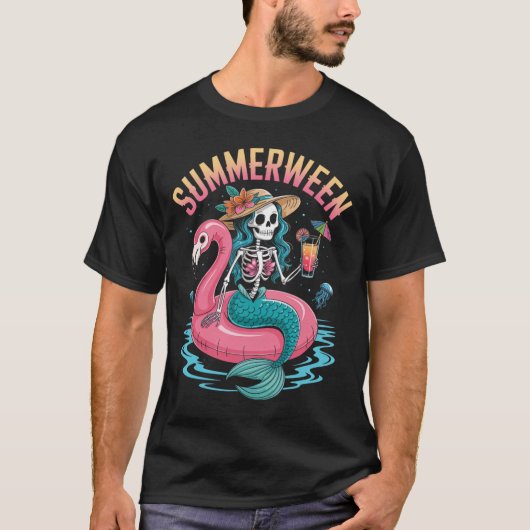 Summerween Mermaid Skeleton Beach Flamingo Hallowe T-shirt (Voorkant)