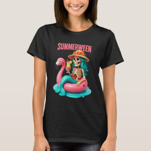 Summerween Mermaid Skeleton Beach Flamingo Hallowe T-shirt