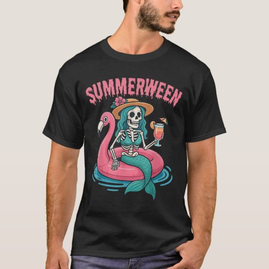 Summerween Mermaid Skeleton Beach Flamingo Hallowe T-shirt (Voorkant)
