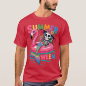 Summerween Mermaid Skeleton Beach Flamingo Hallowe T-shirt (Voorkant)