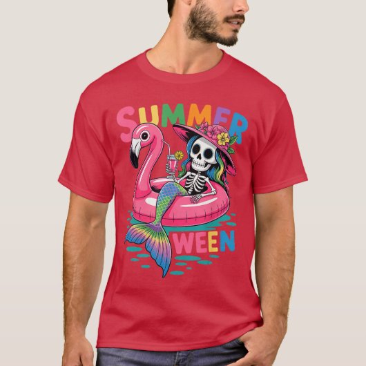 Summerween Mermaid Skeleton Beach Flamingo Hallowe T-shirt (Voorkant)