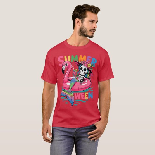 Summerween Mermaid Skeleton Beach Flamingo Hallowe T-shirt (Voorkant volledig)