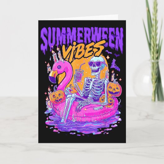 Summerween Sfeer Griezelige Skelet Flamingo Zwemba Kaart (Voorkant)