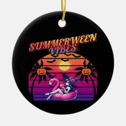 Summerween Sfeer Heks Flamingo Float, Heks Summer Keramisch Ornament (Voorkant)