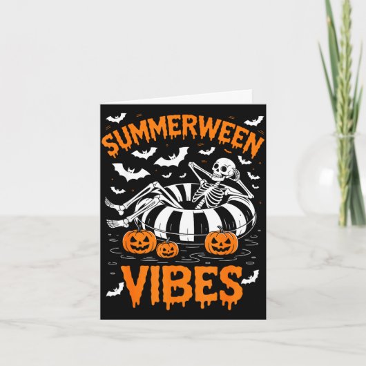 Summerween sfeer skelet drijvend zwembad pompoen kaart (Voorkant)