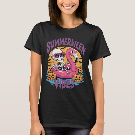 Summerween Sfeer Skelet Flamingo Griezelen Hallowe T-shirt (Voorkant)