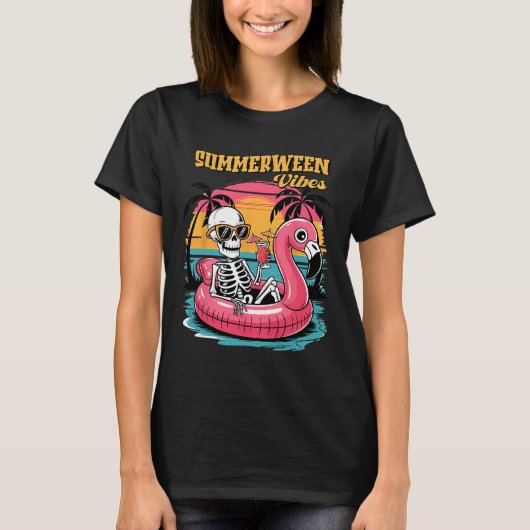 Summerween Sfeer Skelet Flamingo Griezelen Hallowe T-shirt (Voorkant)