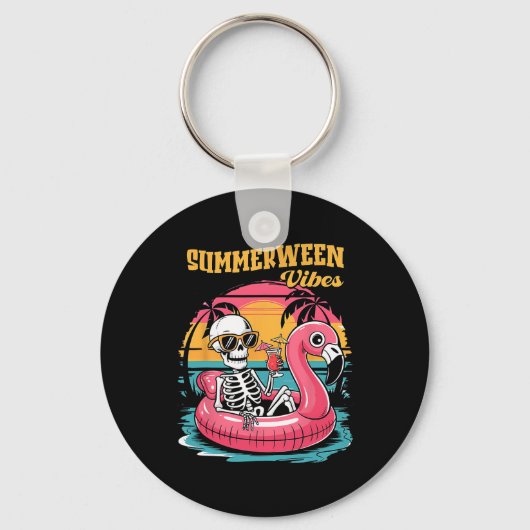 Summerween Sfeer Skelet Flamingo Griezelfeest Sleutelhanger (Voorkant)