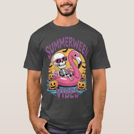 Summerween Sfeer Skelet Flamingo Griezelig Hallowe T-shirt (Voorkant)