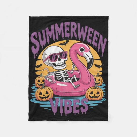 Summerween Sfeer Skelet Flamingo Griezelige Hallow Fleece Deken (Voorkant)